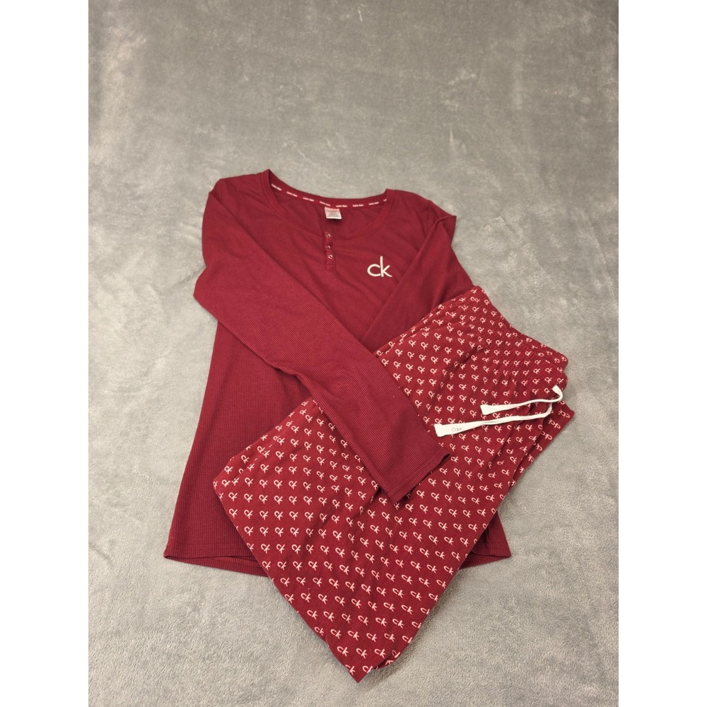 Calvin Klein Sleepwear Womens Burgundy Ribbed Henley & Monogram Pj Set Size M